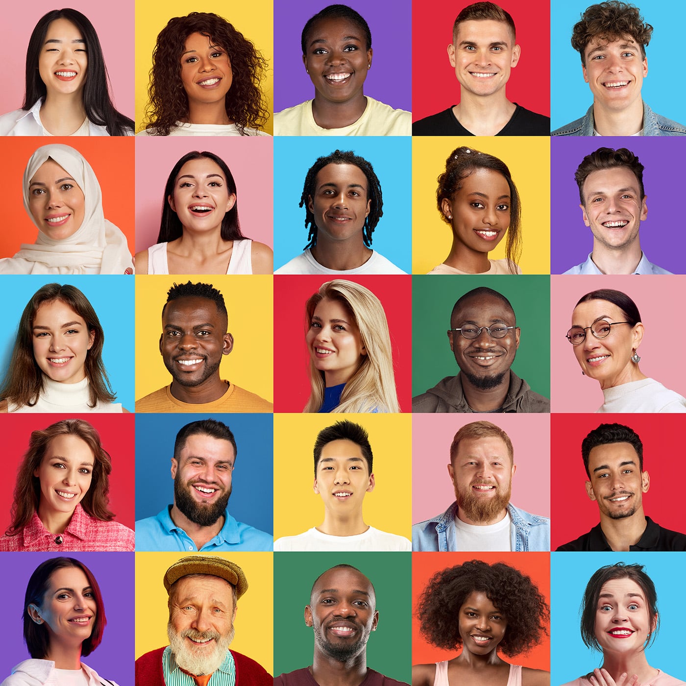 Diverse group of smiling professionals in a colorful grid layout